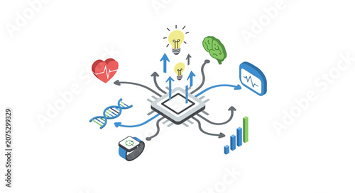 A central computer processor connects to various digital icons and data symbols