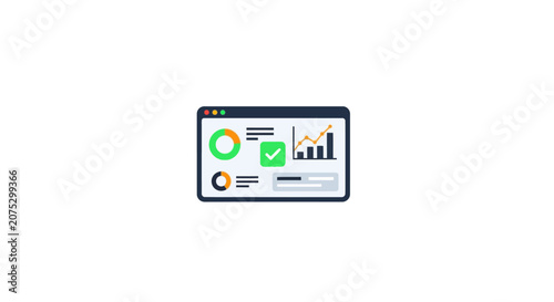 A digital interface showing various business data charts and a green check mark icon