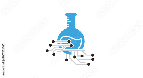 A blue laboratory flask icon integrated with digital circuit board lines