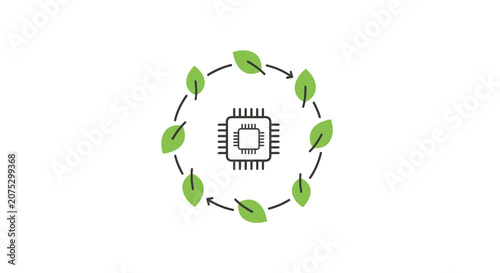 A digital processor icon surrounded by a circular cycle of green leaves