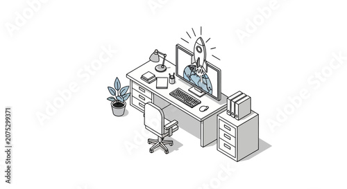 An isometric illustration of a modern office desk with a computer launching a rocket