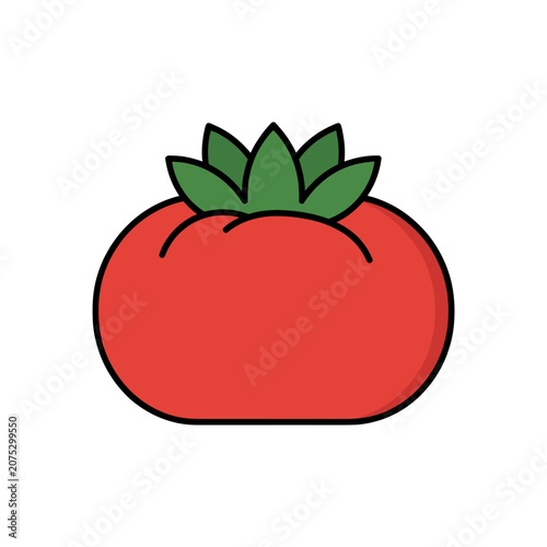 Flat vector illustration of a red tomato with green leaves