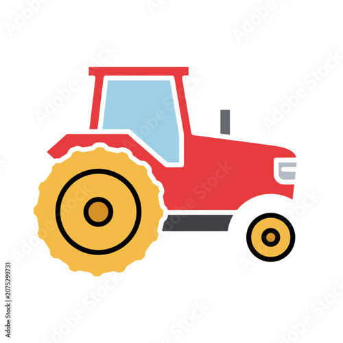 Red tractor with hay bale flat vector illustration