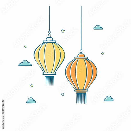 Two hanging lanterns with clouds and stars illustration