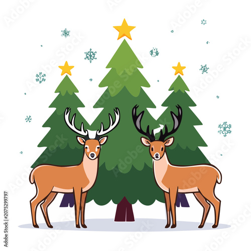 Two deer and christmas trees with stars and snowflakes
