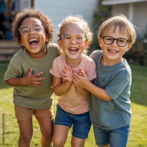 Three happy diverse children laughing joyfully outdoors on a sunny day