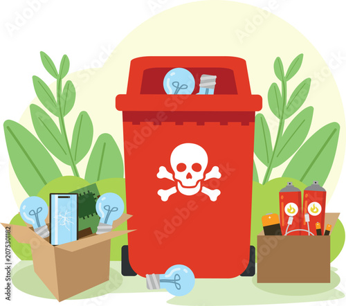 Принти на полотні Red toxic waste container with biohazard skull sign, dangerous chemical spray cans, and hazardous electronics