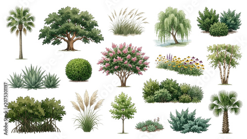 Hand Drawn Watercolor Coastal and Tropical Planting Vector Set for Landscape Architecture
