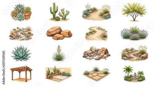 Hand Drawn Watercolor Xeriscape Plant and Hardscape Symbols Vector Illustration Set