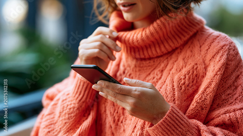 Faceless woman in a bright coral sweater speaking into a phone held in her palm outdoors soft clean blurred background voice assistant mobile technology hands free