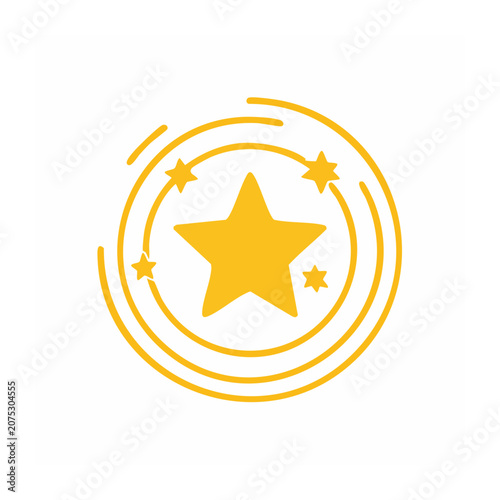 Yellow star icon with orbiting elements on transparent background