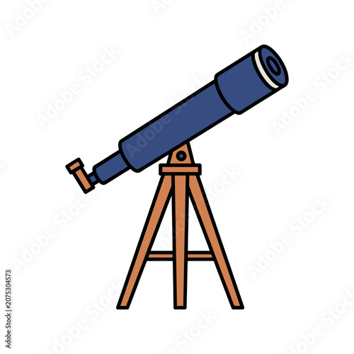 Blue Telescope on Wooden Tripod Flat Vector Illustration
