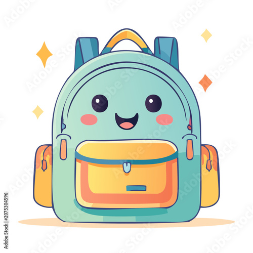 Cartoon backpack with smiling face and stars