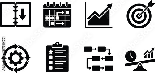 Business management and productivity planning icon set for workflow optimization and financial growth strategies