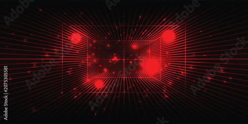 Foto Abstract deep red futuristic perspective tunnel grid background with glowing particle burst