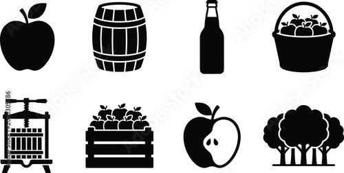 Tableau sur toile Set of black apple cider production icons featuring fresh fruit barrel glass bot