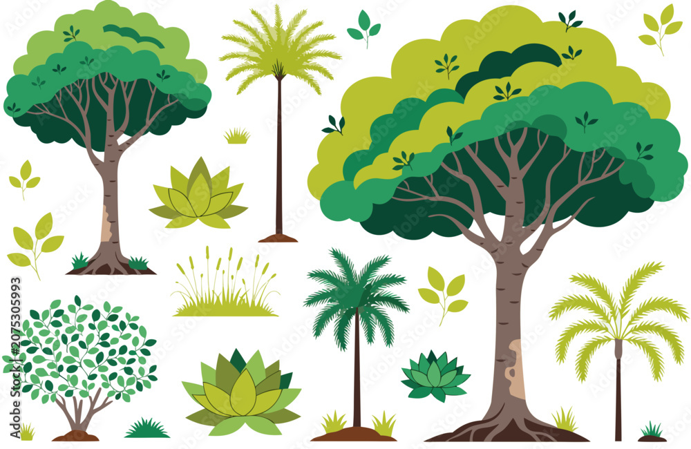 Fototapeta premium Set of Trees Vector Illustration Collection with Nature Landscape Forest Palm Trees Silhouettes Branches Grass Clouds and Seasonal Garden Design Elements