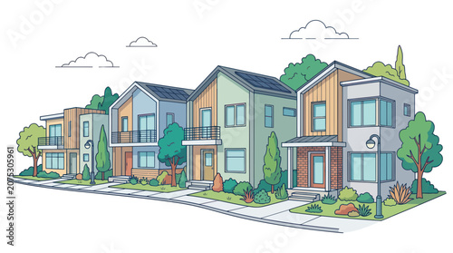 Cuadro en lienzo Modern Suburban Homes Row Illustration