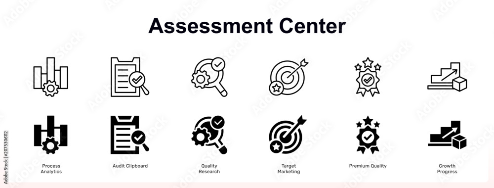 Naklejka premium Assessment center web banner icons set. Business process analytics chart, audit clipboard checklist, quality research symbol collection. Vector illustration