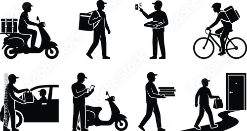 Foto Set of black delivery man silhouettes showing courier service personnel with sco