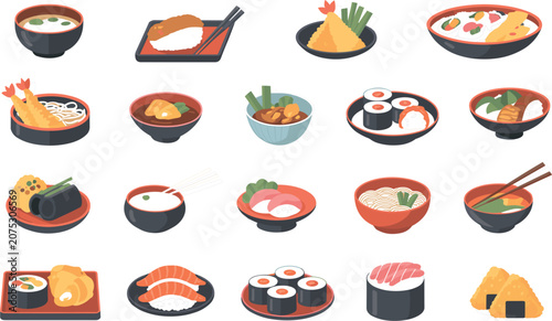 Valokuva Japanese food collection with sushi ramen tempura rice bowls and traditional cui