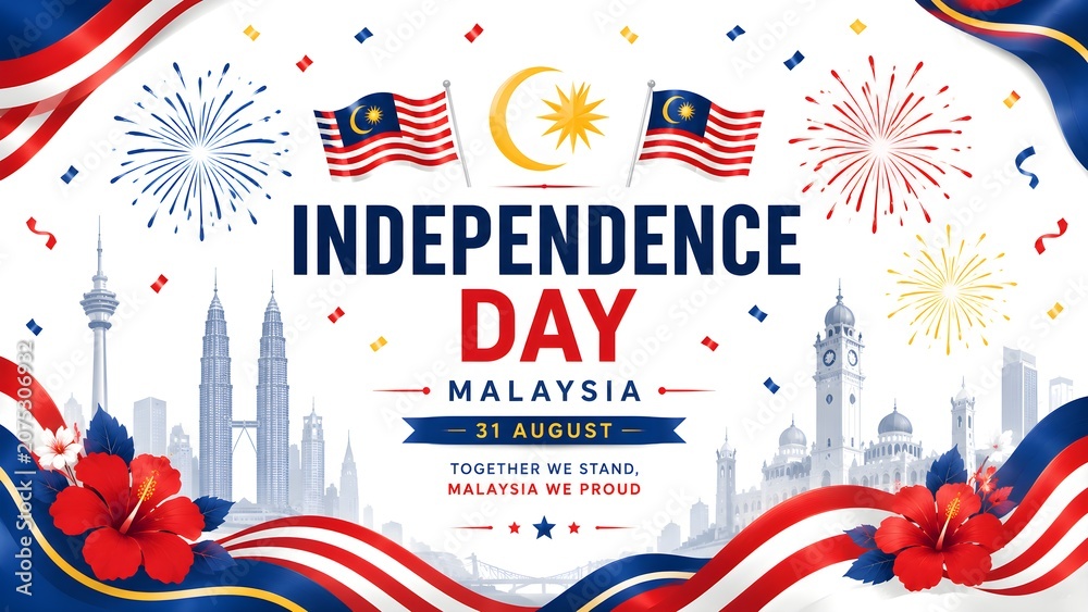 Fototapeta premium Malaysia Independence Day celebration vector illustration with Petronas Twin Towers Kuala Lumpur skyline Malaysian flags Hari Merdeka hibiscus flowers and fireworks on white background