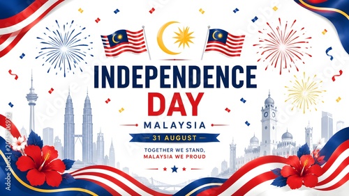 Malaysia Independence Day celebration vector illustration with Petronas Twin Towers Kuala Lumpur skyline Malaysian flags Hari Merdeka hibiscus flowers and fireworks on white background