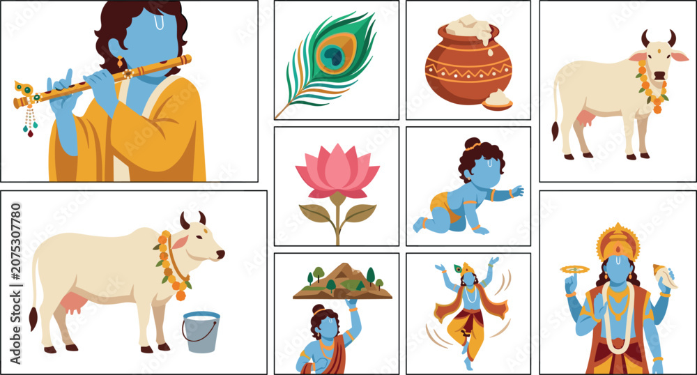 Fototapeta premium Hindu God Lord Krishna Janmashtami Vector Icon Set with Flute Playing, Peacock Feather, Holy Cow, Butter Pot, and Govardhan Hill Illustration Scenes