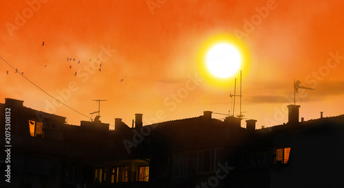 sun in scorching summer day in heat wave, hot weather in city