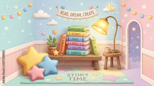 Whimsical Kids Reading Corner with Storybooks, Star Pillows, and a Warm Lamp in a Pastel Dreamy Room