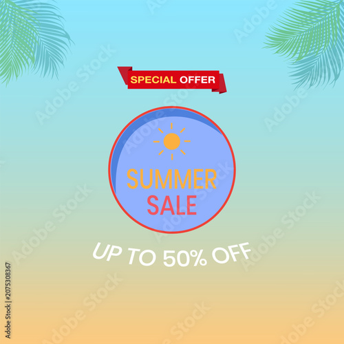 Summer Sale Promotional Banner with Palm Leaves and Sun Graphic.