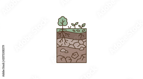 Konstfotografi Cross section of soil layers with plant roots and growth.