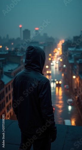 Man standing on a ledge looking at a city at night