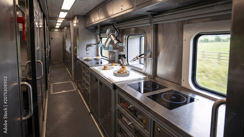 Fototapeta premium Luxury Train Galley with Robotic Culinary Equipment, Precision Plating and Automated Fine-Dining Meal Service