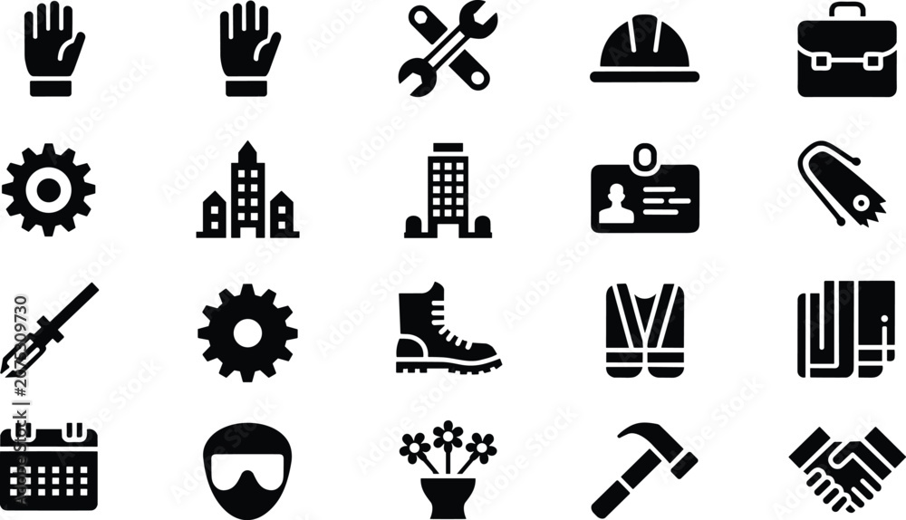 Obraz premium Vector collection of construction and safety icons including tools, equipment, protective gear, work symbols, and professional objects