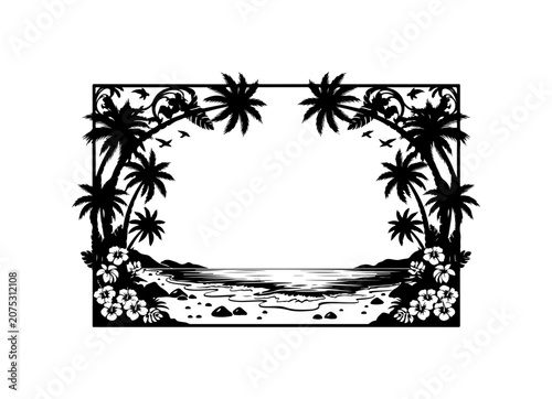 Vintage floral vector frame border with ornate flowers and leaves, decorative botanical swirl ornament design, retro black and white grunge style paper card illustration