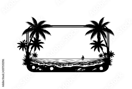Tropical beach vector illustration with palm trees, tropical island, ocean sunset landscape, summer vacation paradise, sun sky, travel nature silhouette design