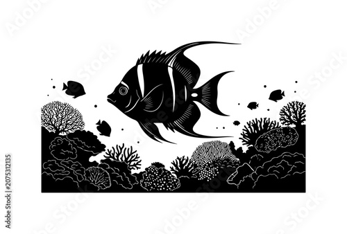 Black and White Fish Vector Illustration of Underwater Ocean Animal, Tribal Tattoo Style Sea Life Symbol, Cartoon Art Design for Logo, Pattern, Aquarium Nature Drawing