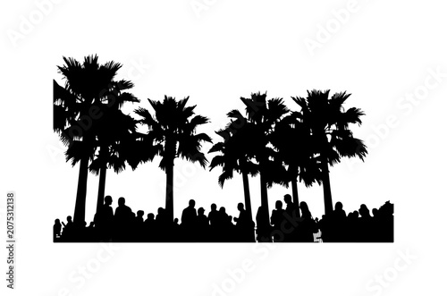 Tropical beach sunset with palm tree silhouettes against orange sky and ocean, summer paradise island landscape with sea, nature and travel scenery sunrise
