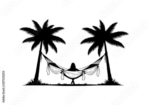 Silhouette girl on tropical beach at sunset with palm trees, ocean waves and coconut trees, summer vacation paradise island landscape vector illustration