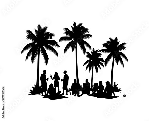 Silhouette of couple and family on tropical beach at sunset with palm trees, ocean and summer vacation landscape illustration