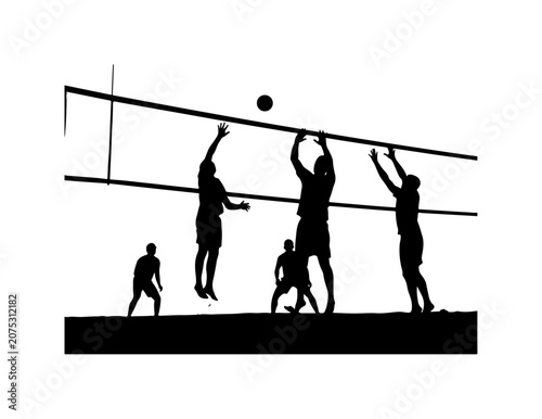 Black silhouette vector illustration of football and volleyball players team sports concept with people, woman and person figures, sky background and business sign elements