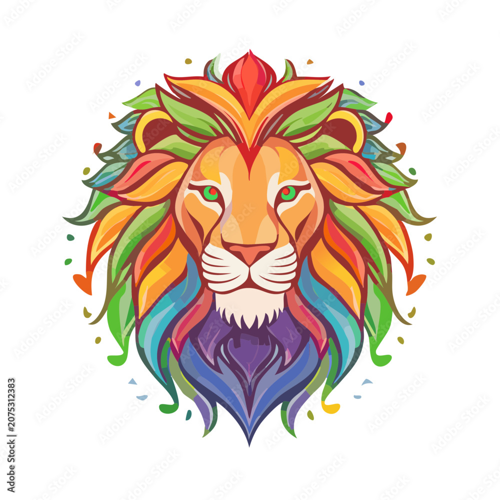 Obraz premium Colorful lion head with floral mane vector illustration