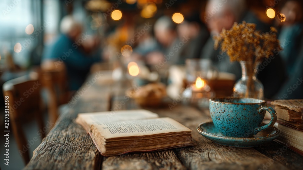Fototapeta premium Book and a cup on a table with a candle