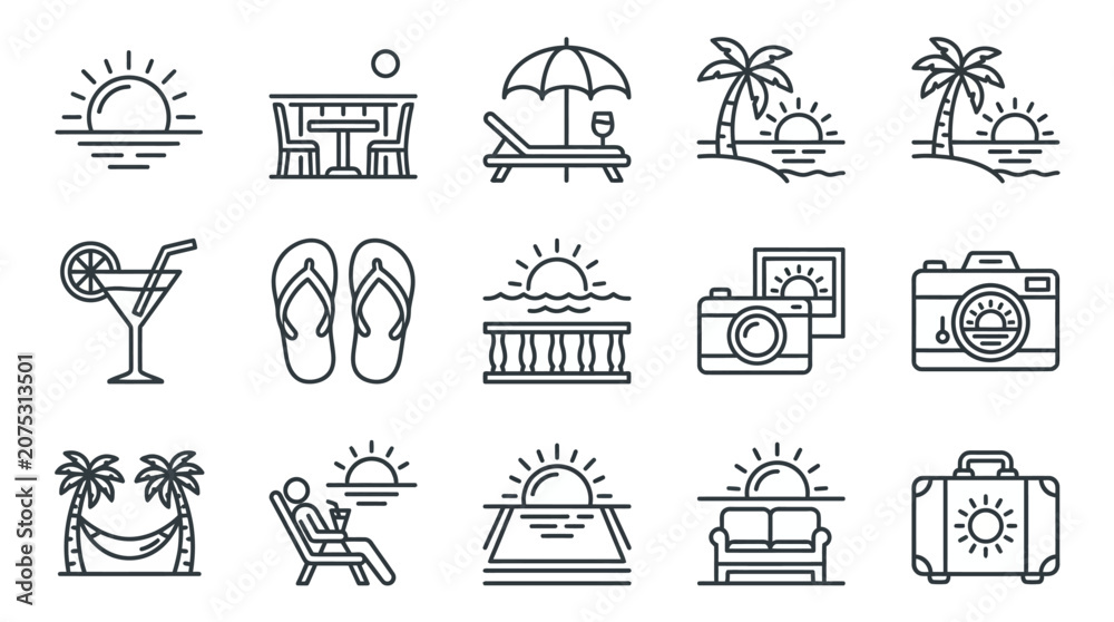Fototapeta premium Summer beach vacation line icon set
