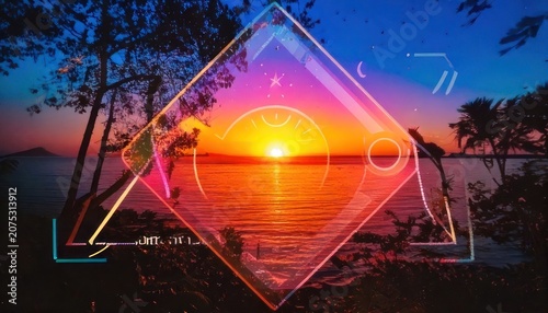 Sunset over the ocean with a geometric overlay and vibrant colors.