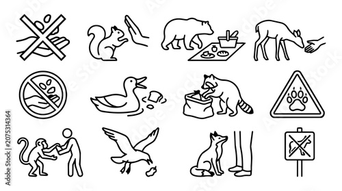 Photography Do Not Feed Wildlife Line Art Icon Set with Animal Warning Signs and Nature Safe