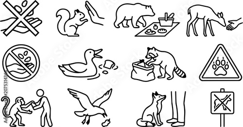 Photography Do Not Feed Wildlife Line Art Icon Set with Animal Warning Signs and Nature Safe