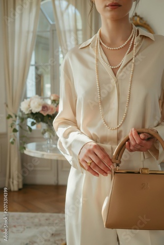 Elegant woman in cream satin blouse with long pearl necklaces holding luxury leather handbag