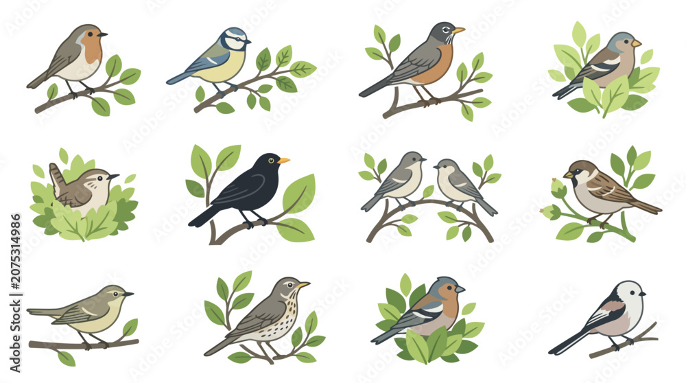 Fototapeta premium Vibrant garden birds perched on lush green foliage.